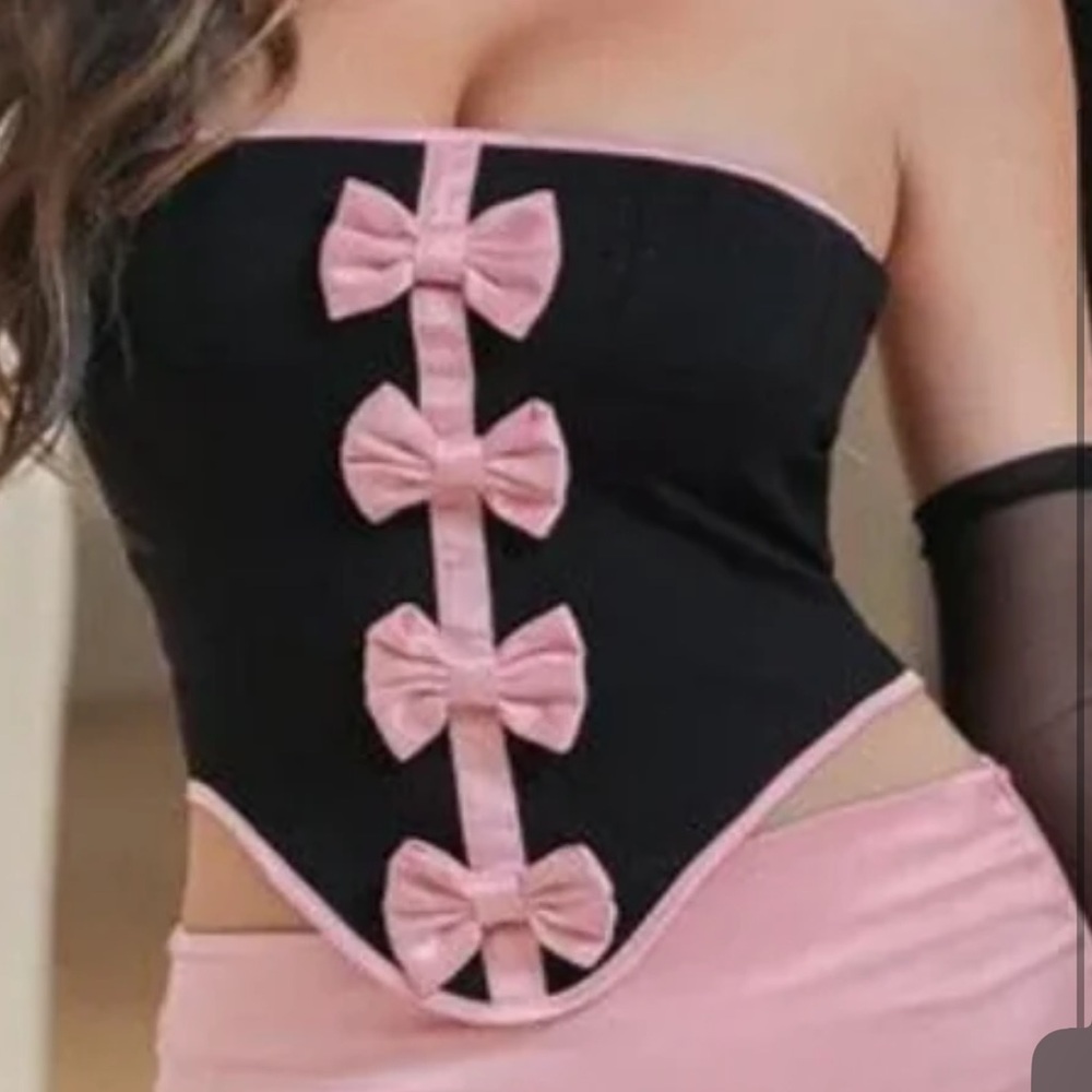 Black Corset Top with Pink Bows